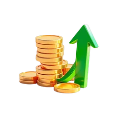 Stack of gold coins with a green arrow