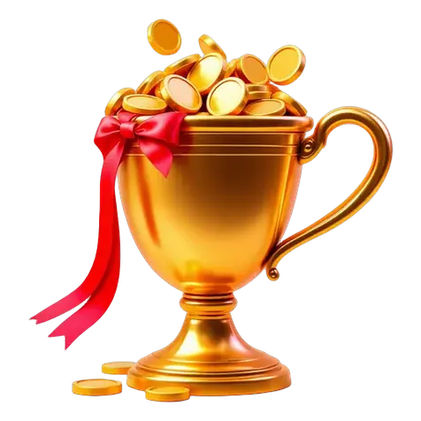 Gold trophy cup with a red ribbon, full of coins