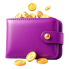 Purple wallet full of gold coins