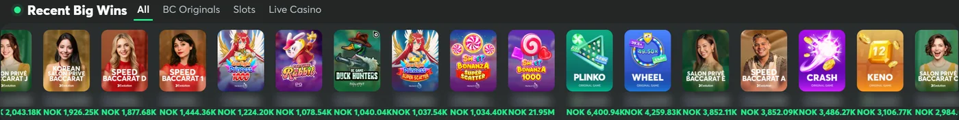 BC.Game Recent Big Wins strip with baccarat, Plinko, Wheel and Crash wins shown in kroner
