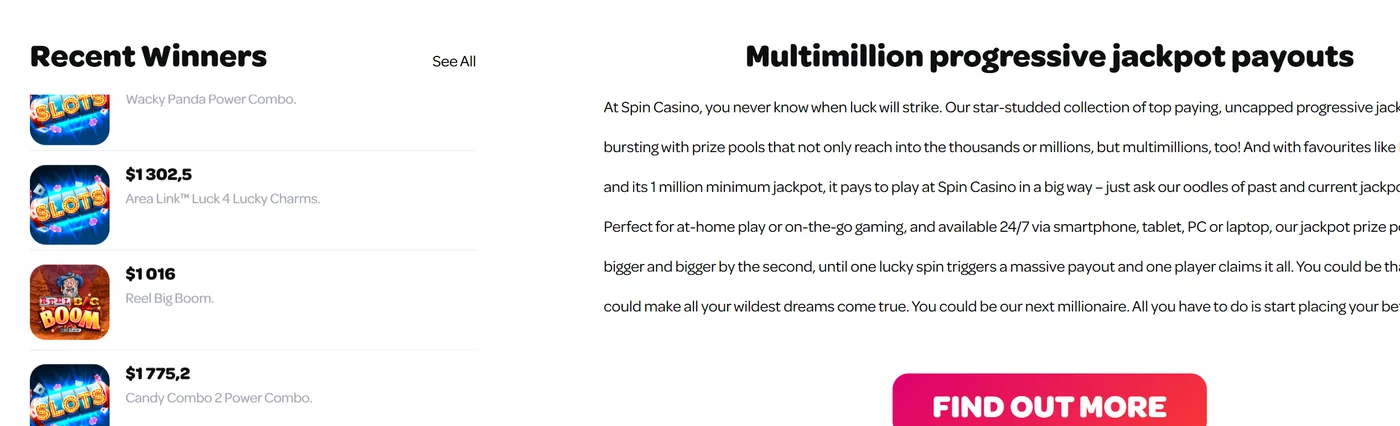 Spin Casino recent winners feed beside a paragraph about multimillion jackpot payouts
