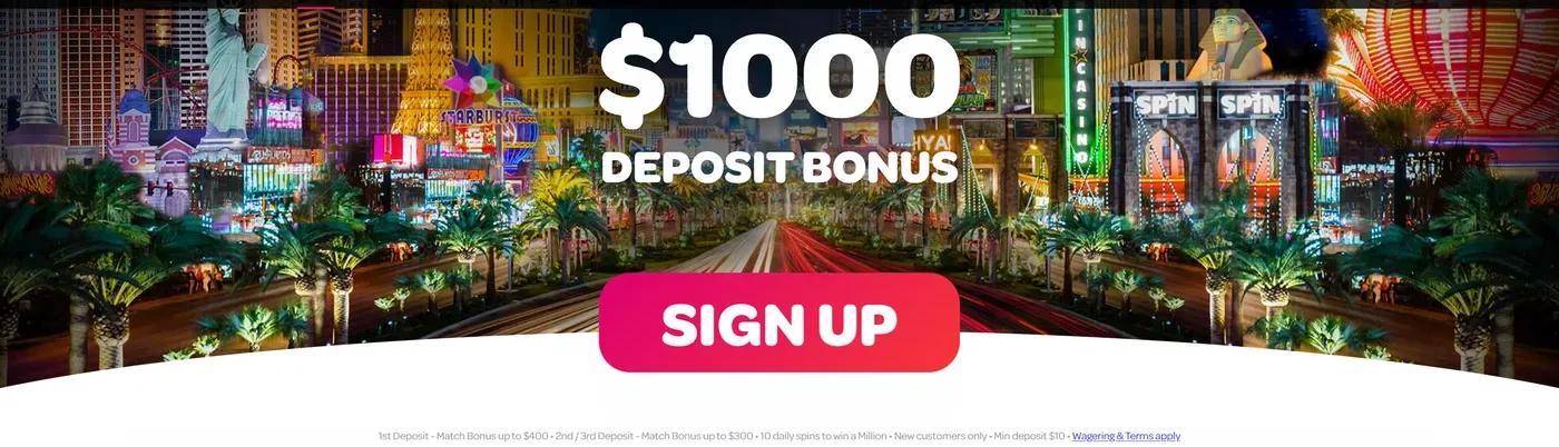 Spin Casino welcome offer banner showing the $1000 deposit bonus