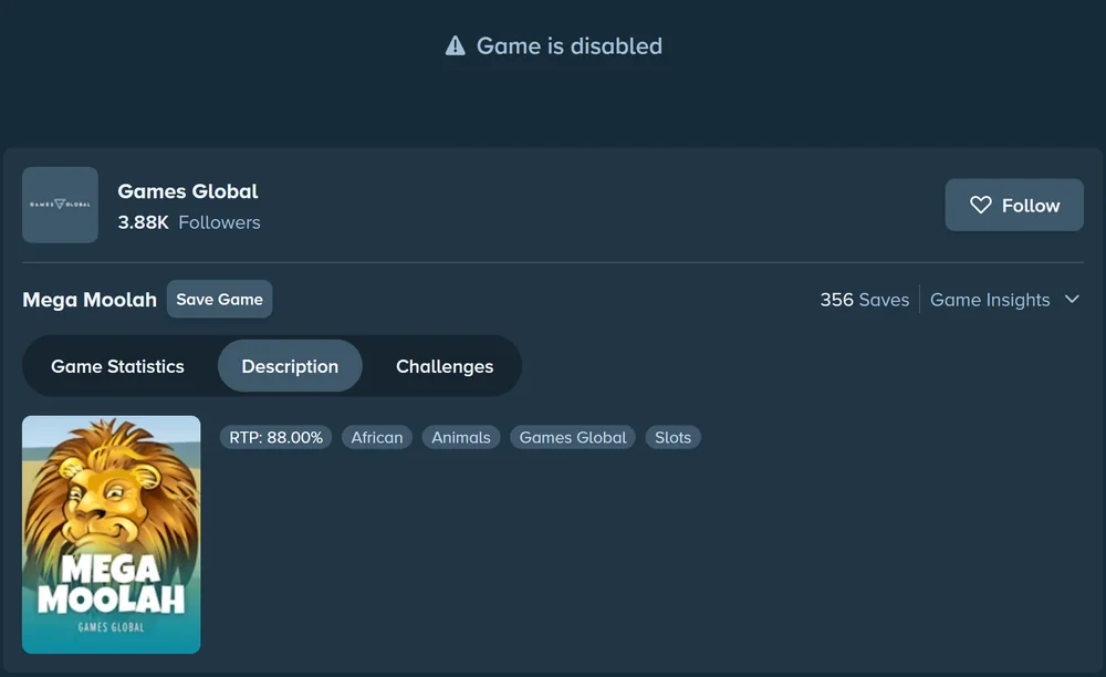Mega Moolah page on Stake showing game is disabled and 88% RTP